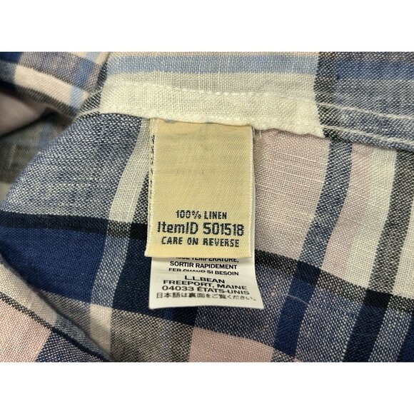 LL Bean Womens 100% Linen Plaid Button Up Collared Shirt Size Small Blue Blouse - Picture 6 of 9
